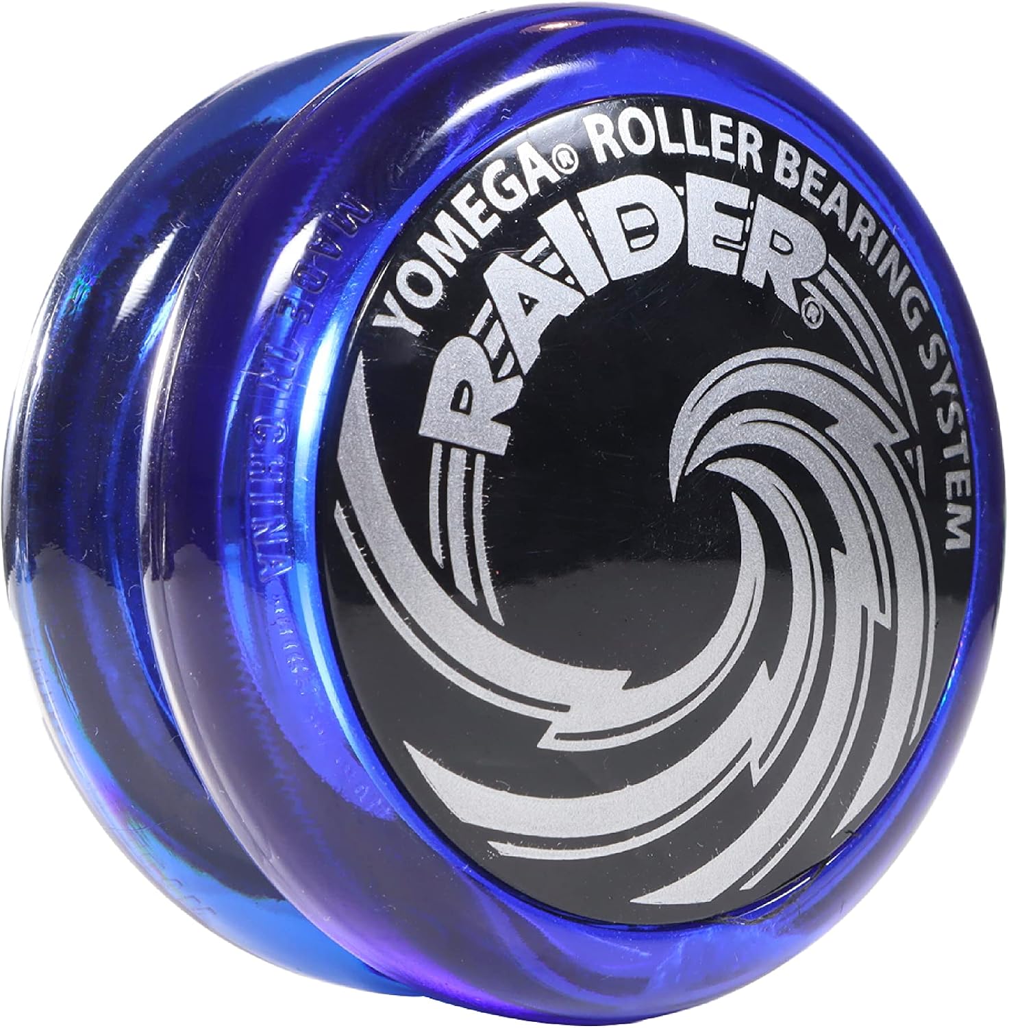 Yomega Raider ball-bearing yo-yo in blue with a black and silver Raider cap